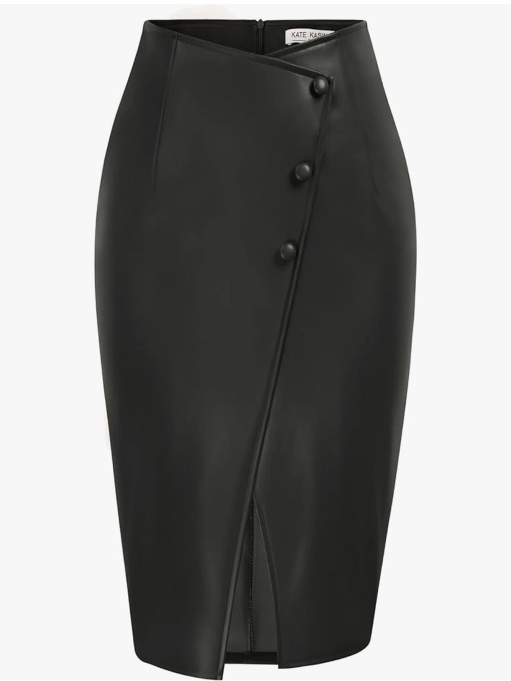 Faux Leather Black Pencil Skirt with Asymmetric Button Trim by Kate Kasin